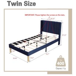 Platform Bed Frame Twin Size with Headboard and Footboard/Wooden Slats Support/No Box Spring Needed/Easy Assembly, Blue Velvet