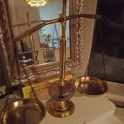Antique Brass Scale With Amethyst Glass Ball