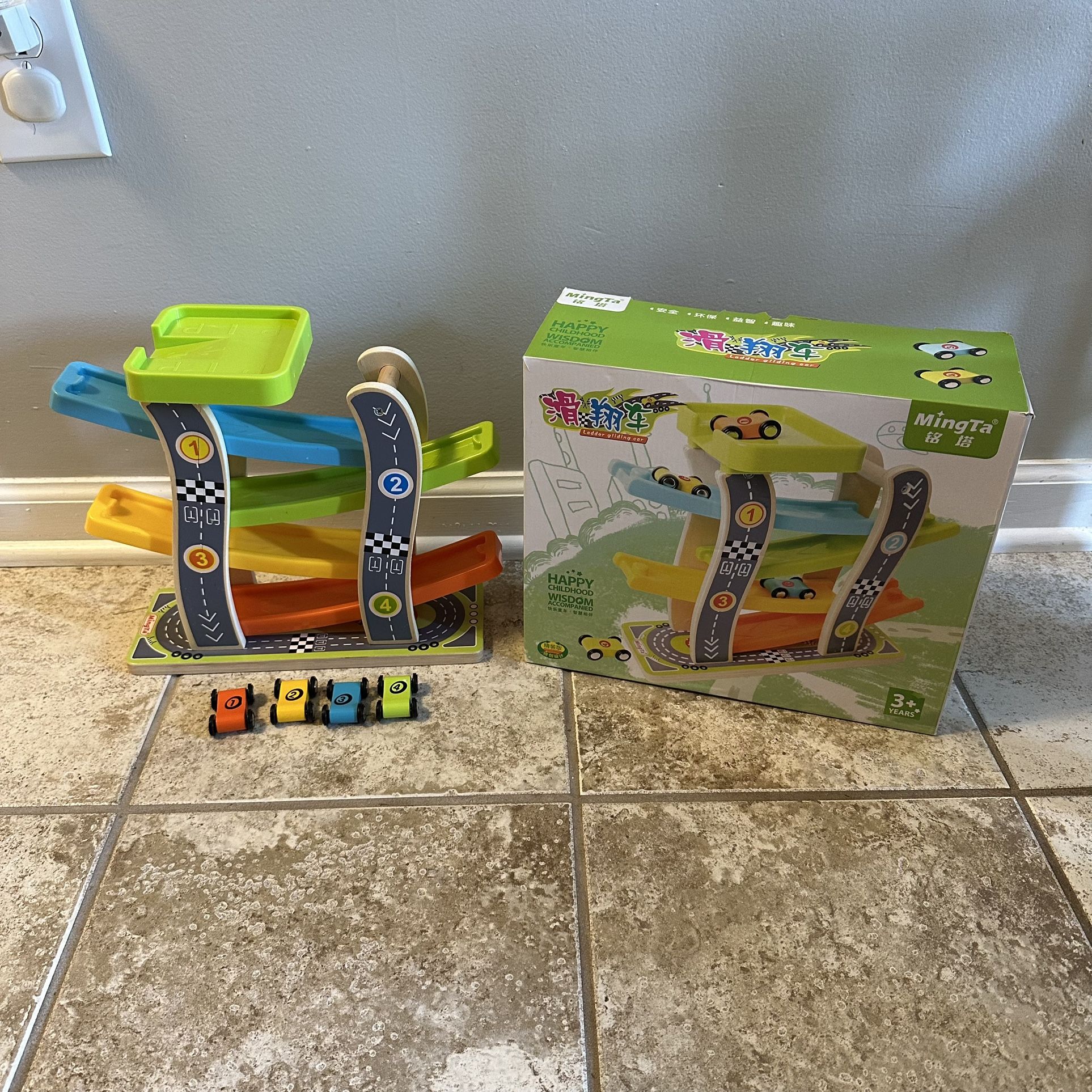 Wooden Race Car Ramp w/ 4 Cars - Toddler Toy