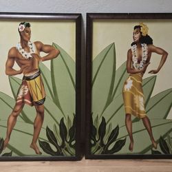 Lot (2) Hawaiian Tiki Hula Dancer Framed Art Prints by Gill 32x22"