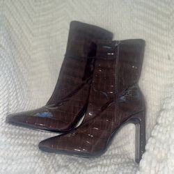 Chocolate Brown Snake Skin Heeled Boots