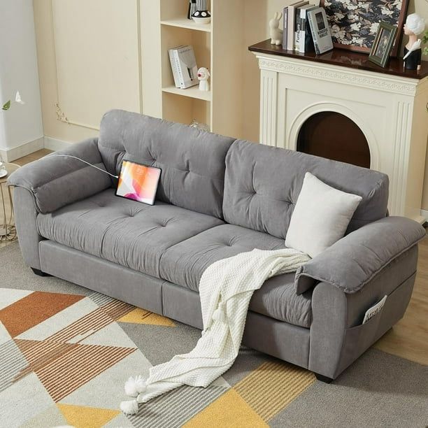 88" W 3 Seater Comfy Grey Couch w/USB Charging Ports & Side Pocket, Light Grey