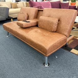 Modern Convertible Futon Sofa Bed – Cognac Brown w/ Cup Holders