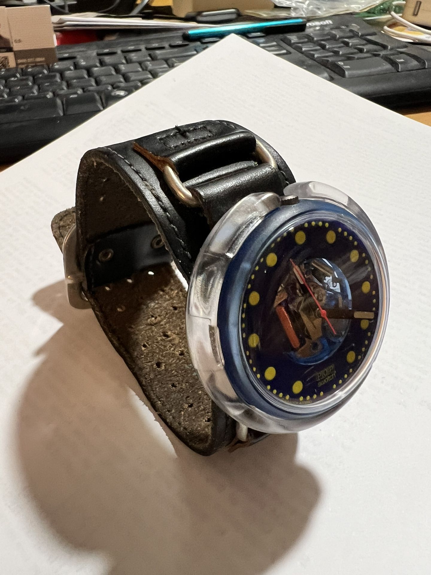 Vintage POP Swatch, see-thru dial, leather wrist band ($20)