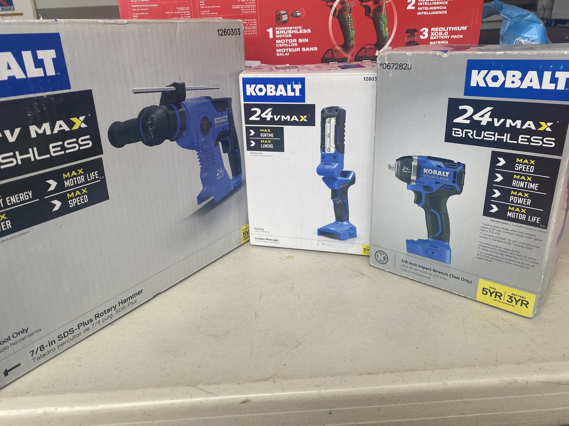 KOBALT 24V BRUSHLESS 7/8” SDS ROTARY HAMMER & 3/8” IMPACT WRENCH AND WORK LIGHT ((( TOOL ONLY)) All For $148 Read Below