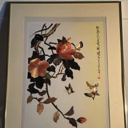 Vintage Chinese painted shell wall art floral butterflies greenery signed framed