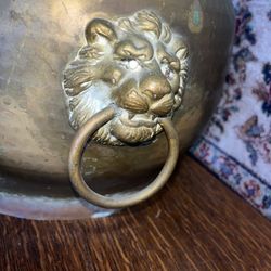 Heavy Antique Hand Hammered Brass Bucket Lion Head Handles 