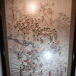 Antique Chinese Silk Tapestry / Panel Framed "100 Children"