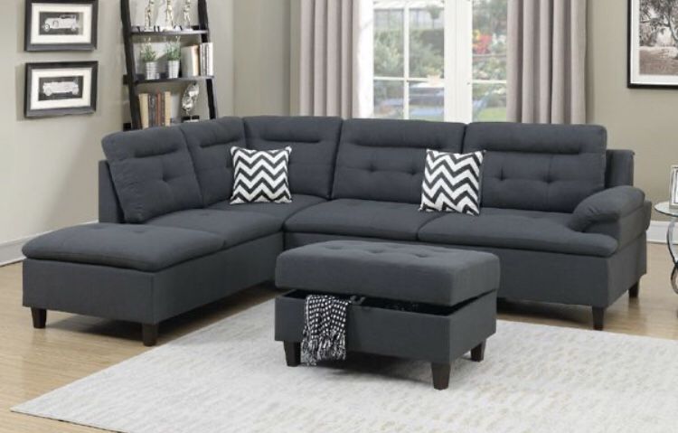 Modern sectional sofa with storage ottoman charcoal fabric
