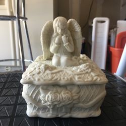 Vintage Angel Trinket Box Ceramic Bisque Off-White Color