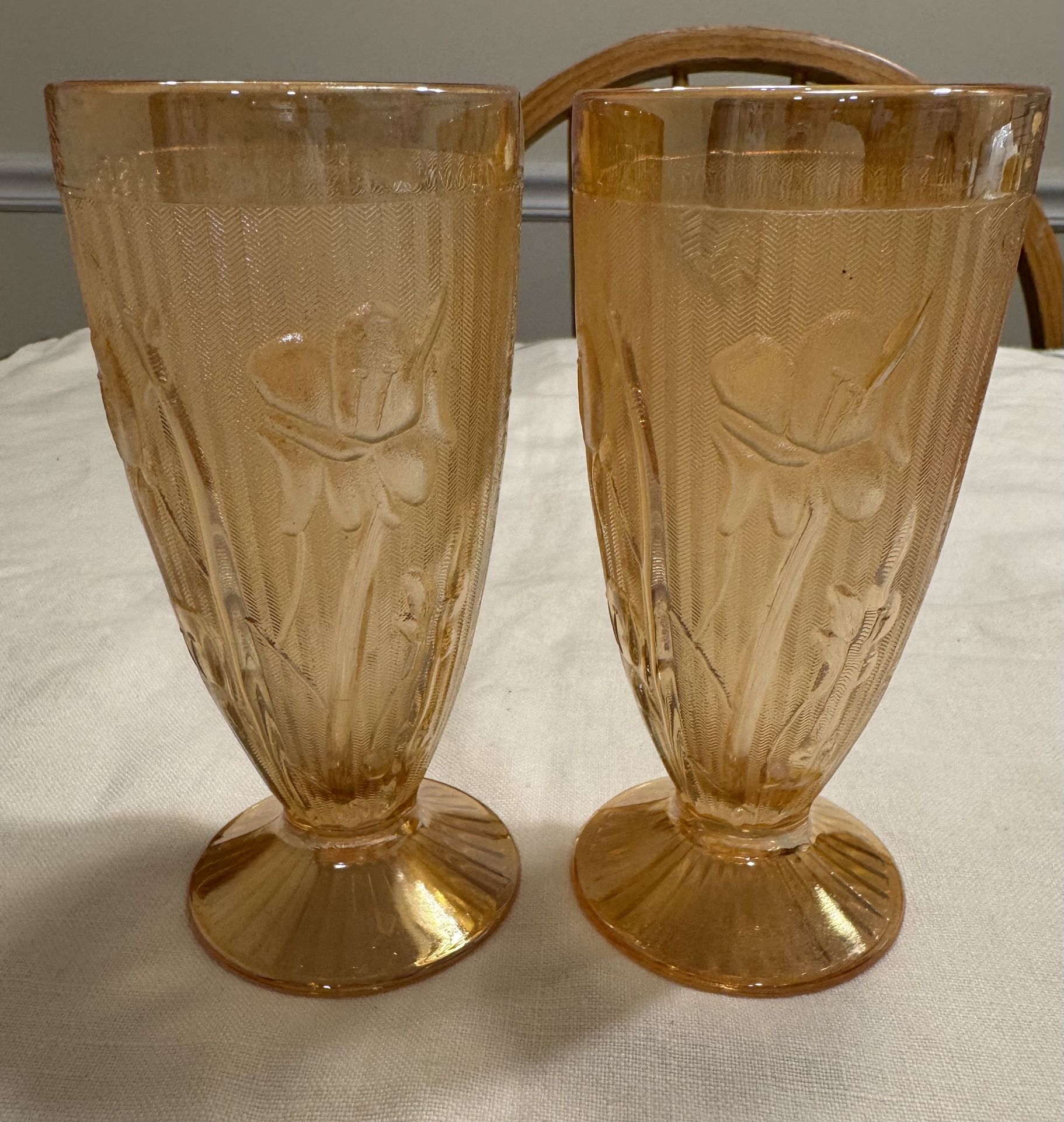 Pair Of Vintage Jeannette Iris And Herringbone Marigold Carnival Glass Tumblers