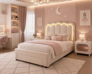 Twin Upholstered LED Bed Frame with Storage Drawer and Adjustable Chic Double Wavy Headboard, Velvet Princess Platform Bed for Kids/Girls, Solid Wood 