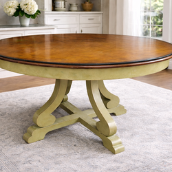 Round Solid Wood Dining Table w/ Glass Top – Pedestal Base, Seats 4