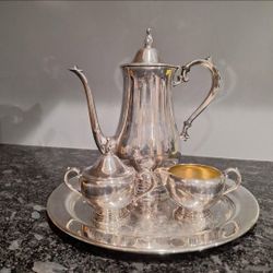 Antique Silver Plated Coffee Tea Pot, Creamer, Sugar Bowl and Serving tray set