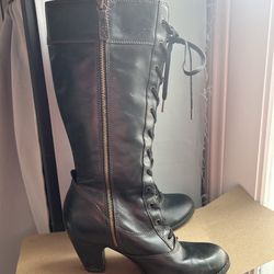 Indigo Black Lace Up Zip Up Calf Leather Boots