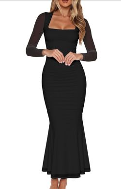 BORIFLORS Women's Ruched Bodycon Long Sleeve Maxi Dress Mesh Square Neck Cocktail Party Long Dresses, X-Small, Black
