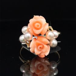 14Kt Yellow Gold Pearl Roses Ring 4.07g Size 9 I-2482