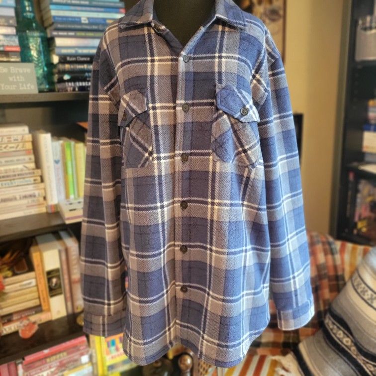 Freedom Foundry Dry Goods Sherpa Lined Plaid Fleece Shirt Jacket Blue Men's Lg