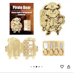 Pirate Bear Charcuterie Cheese Board with 4 Cheese Knives Bamboo Folding Portable Charcuterie Tray Perfect Choice for Christmas Birthday Gifts for Wom