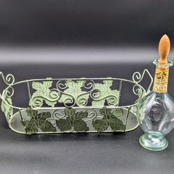 VTG Italian Mod Bamfi glass Bottle with wood cork& Metal Leaf Basket Set
