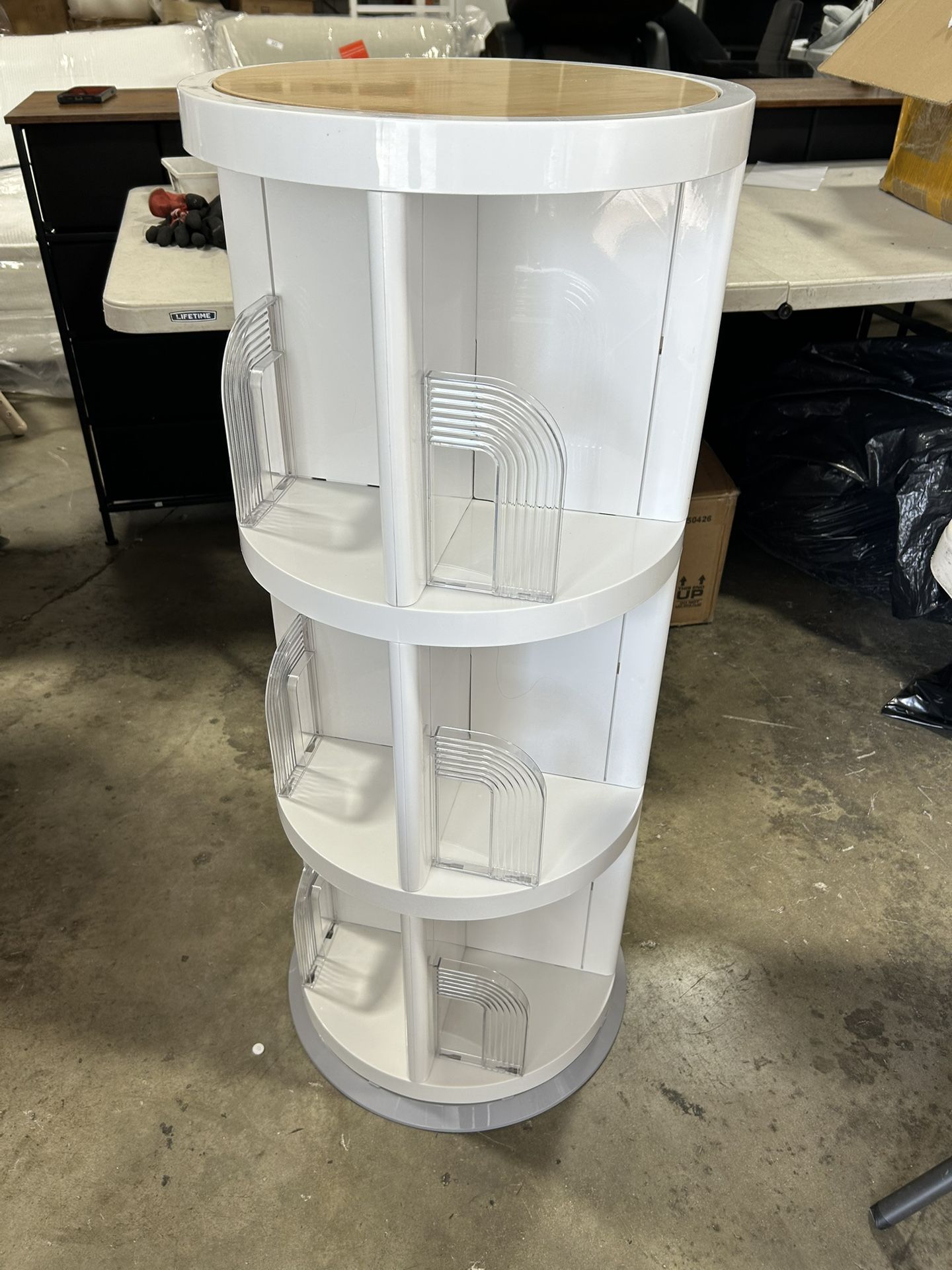 NEW - Standing Bookshelf 3-Tier Round Rotating Bookshelf with Wooden Top Shelf Swivel Bookcase Space Saving Corner Bookshelves