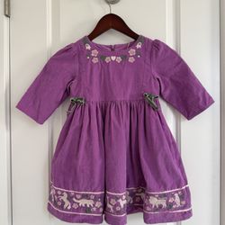 BODEN Embroidered Cord Dress Purple Kids Dress W Floral Embroidery Size 4 - 5 Y