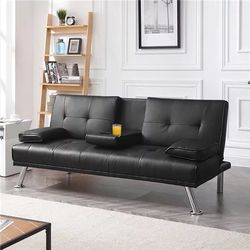 LuxuryGoods Modern Faux Leather Futon with Cupholders and Pillows, Black