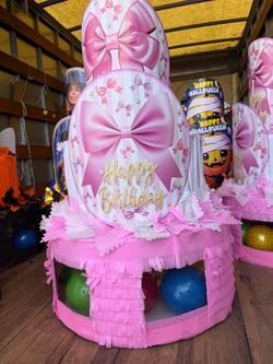 Coquette pink bows happy birthday three tier pinata with balls