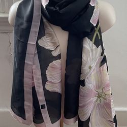 Women’s Black Floral Silky Pink Flowers Scarf Shawl, size 70”x34”