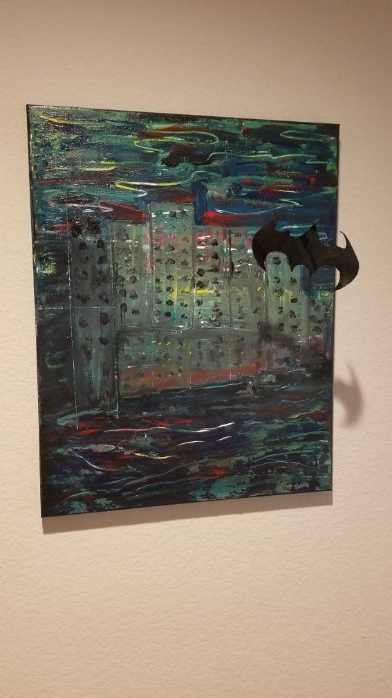 Batman Flying over Gotham city Painting by Francesco Corona local artist. 