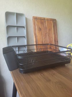 Black Metal Dish Drying Rack, drainage control underboard, utensils drying compartment (moveable), wood cutting board