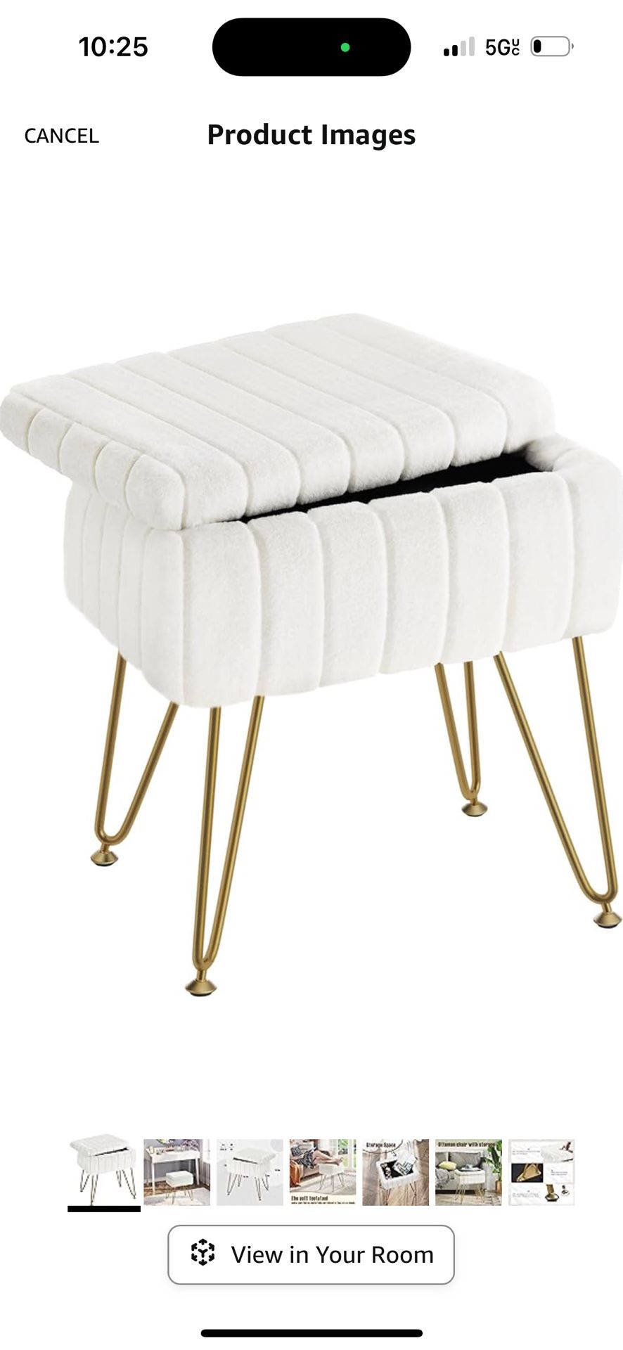 Vanity Stool Chair Faux Fur with Storage, 15.7"L x 11.8"W x 19.4"H Soft Ottoman 4 Metal Legs with Anti-Slip Feet, Furry Padded Seat, Modern Multifunct