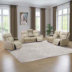 Power electric beige cream leather fully reclining couch set