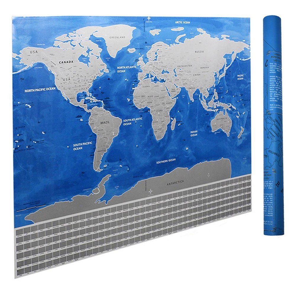 Scratch Off World Map Poster, Silver Land and Blue Ocean, Large Detailed Map of the World 32x23
