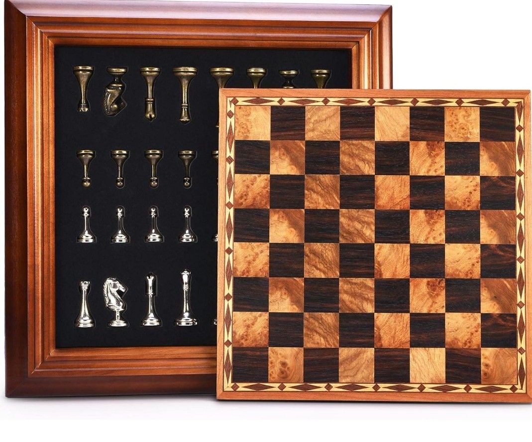 14 inches Wooden Chess Set with Metal Chess Pieces / 2.5'' King/Storage for Chessmen/Gift Package/Instructions/Classic Board Game