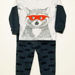 Carter's 2-Piece Gray Raccoon Mock Layered Mask Print Jogger Set For Boys.