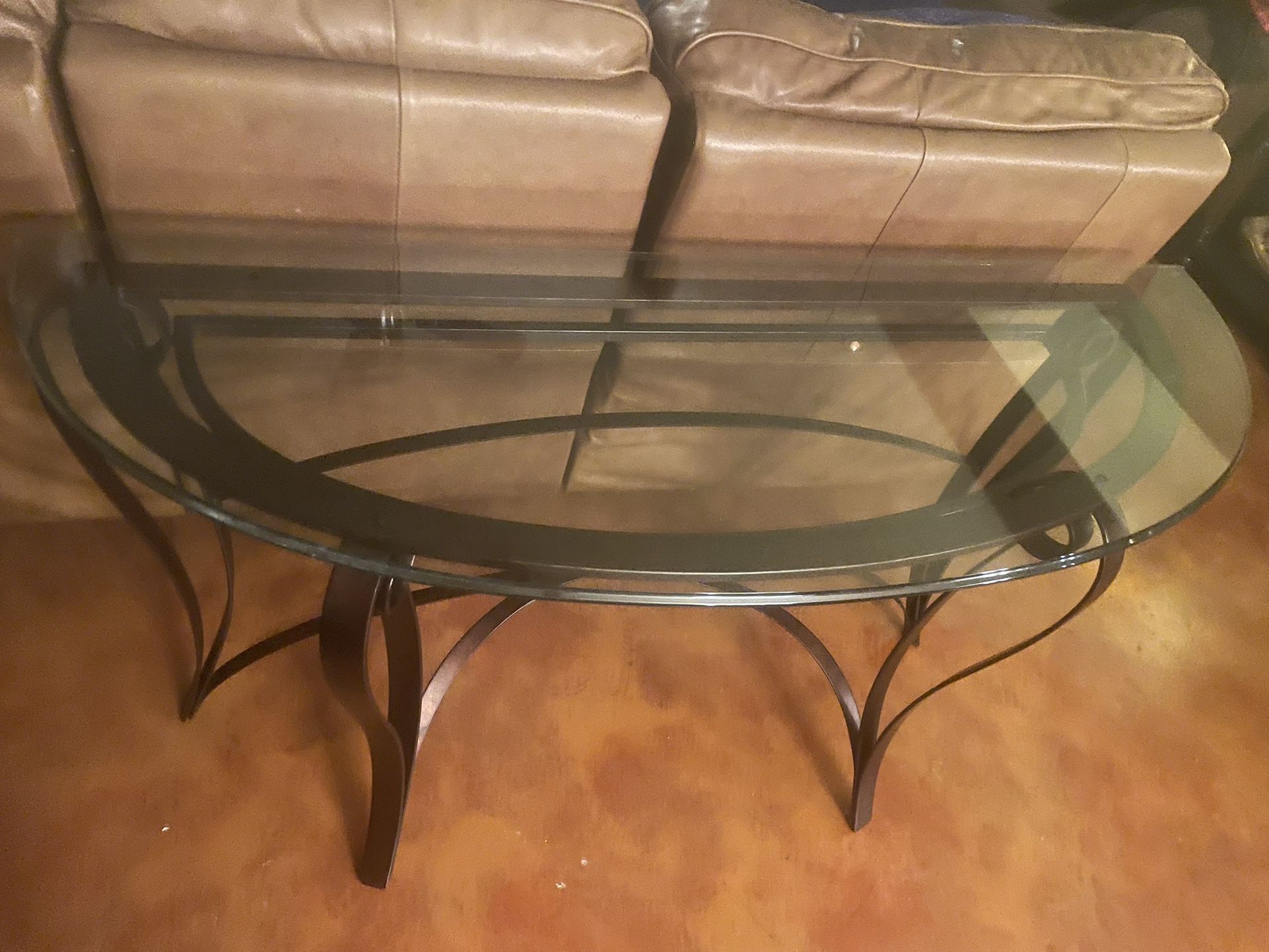Glass Half Moon Table w/ Brown Iron Legs