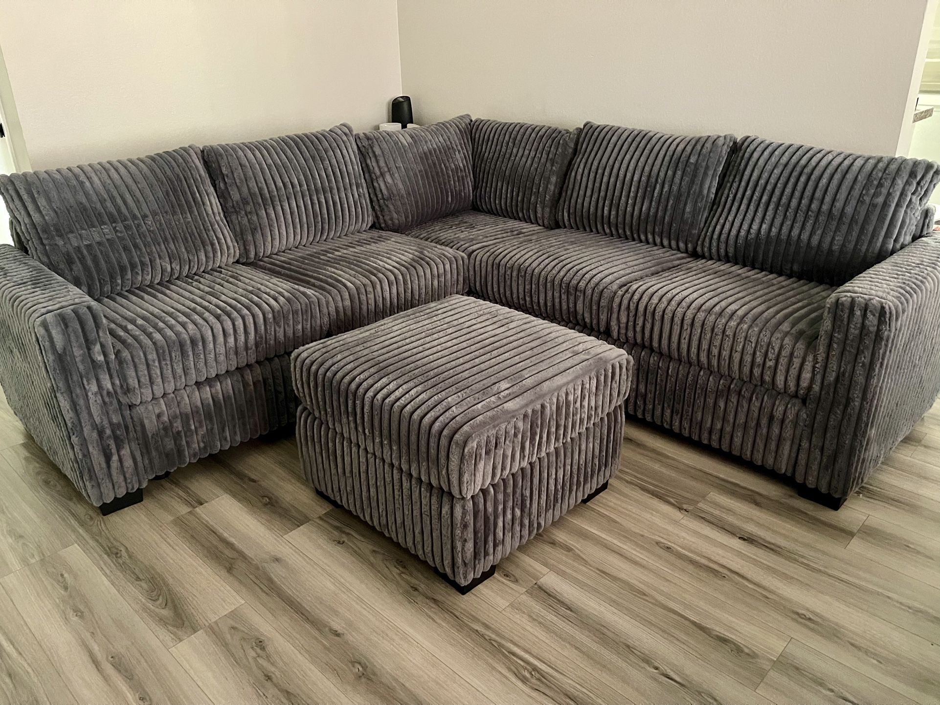 Grey Corduroy Sectional With Ottoman - Soft Fur Like Fabric