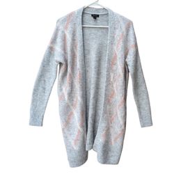 R&.Co Wool Blend Long Argyle Grey Open Front Cardigan Womans