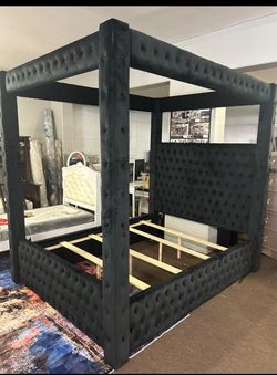 Black Velvet Tufted Four-Poster Canopy Bed Frame (QUEEN AND KING)