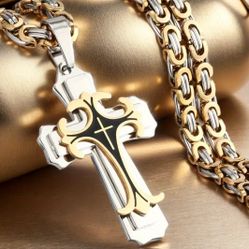 Uniquely Crafted 2-Tone Multi-layer Titanium Steel Cross Pendant With Multi-layer 24 Inches Chain Necklace 