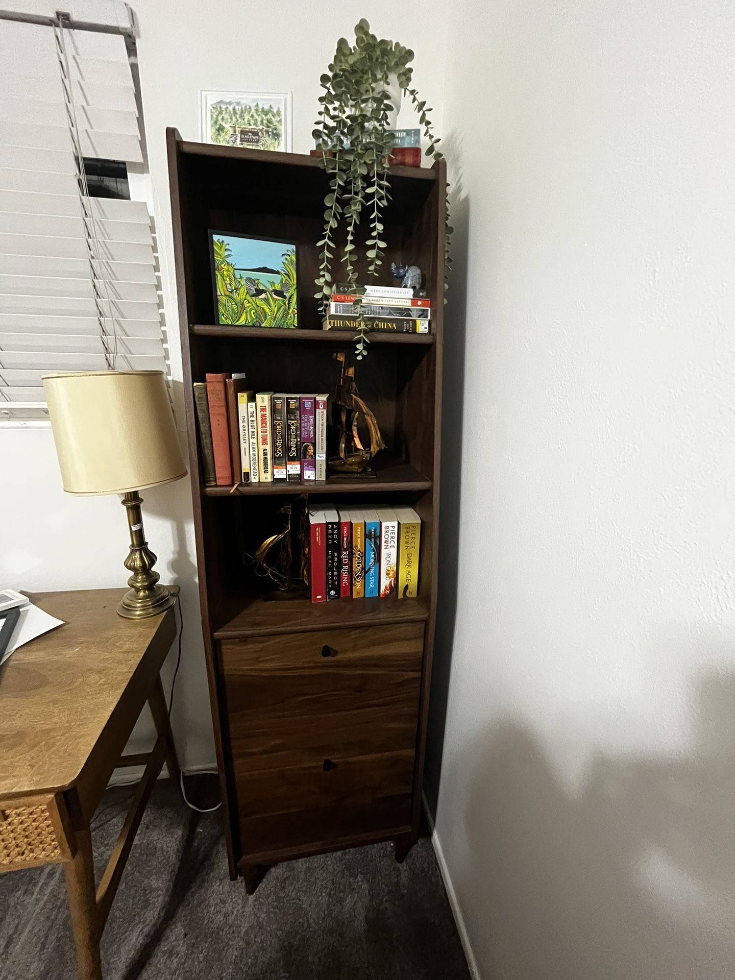 Walnut Color Bookshelf With Filing Cabinet
