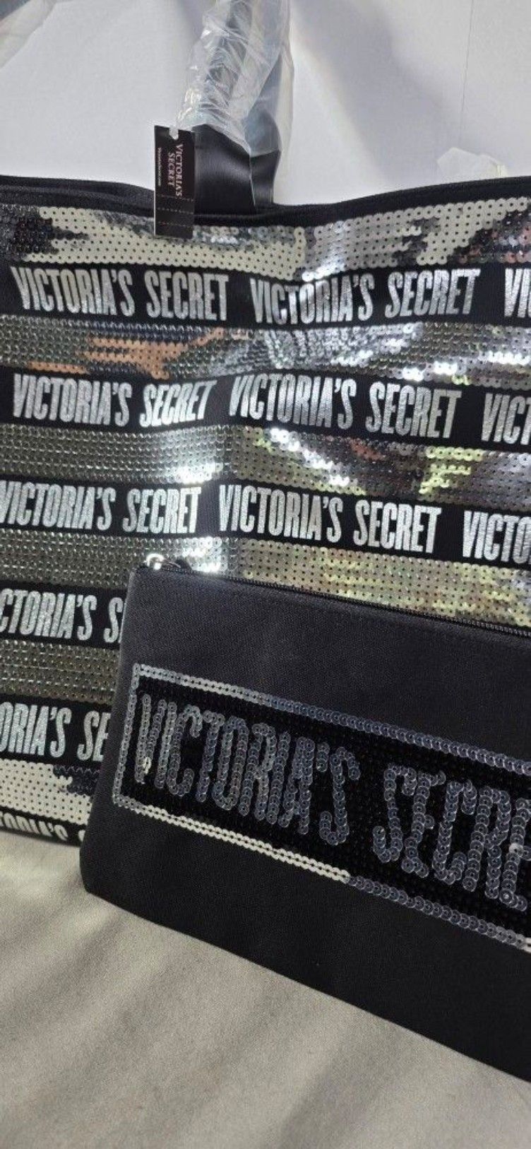 New Victoria's Secret Tote Bag 2 Piece Large Shopper - Colors Black Silver Sequence