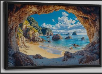 36x24 Beach Large Wall Art Rocky Cave Pictures Wall Decor Coastal Canvas Seascape Print Painting Modern Artwork Home Decoration for Living Room Bathro