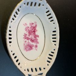 Antique Hand-Painted Floral Dish: German Porcelain with Gold Trim