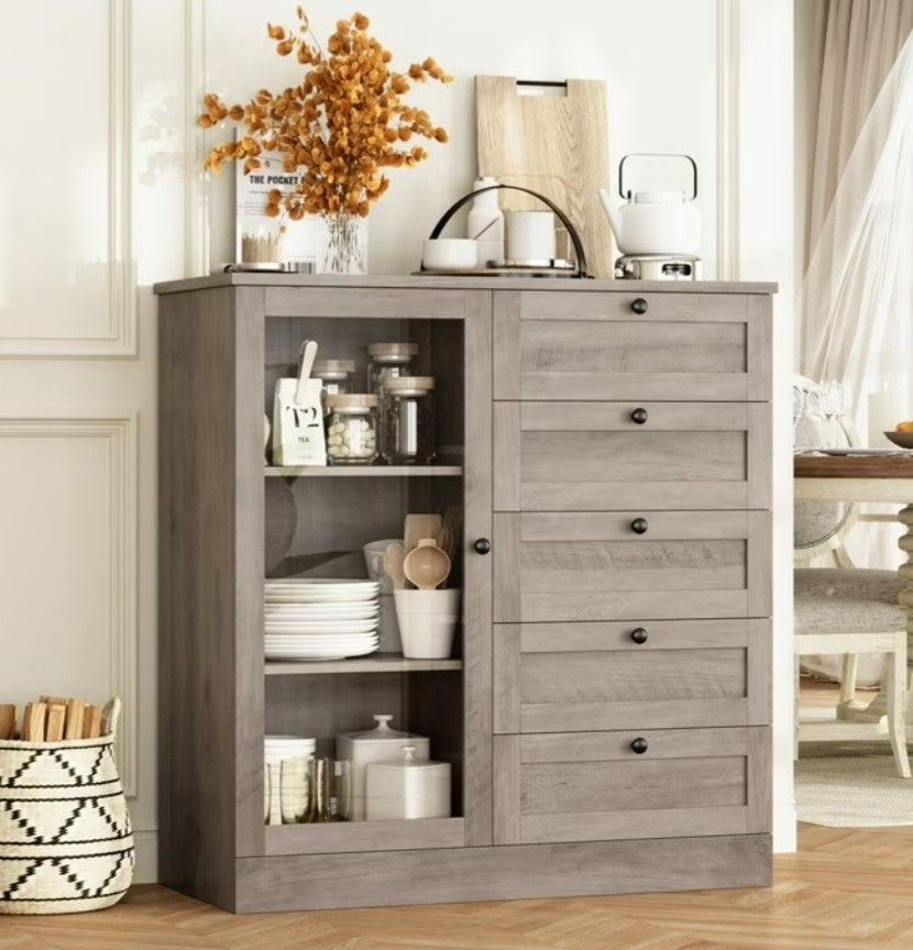 Homfa 5 Drawer Gray Dresser with Glass Door, Modern Wood Chest of Drawers for Bedroom Living Room Hallway