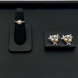 14k solid white gold Pearl 0.65CTW  Diamond Set of earrings & ring 6.5 size