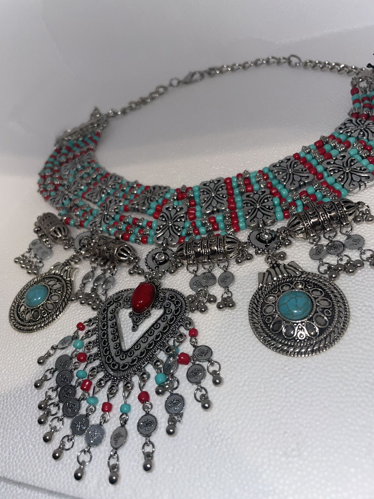 Gorgeous Vintage Inspired Turquoise, Red & Silver Gemstone Tibetan Necklace