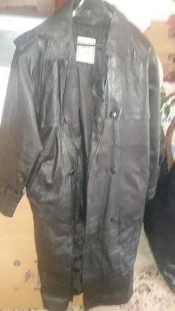 Vtg Long Leather Trench Coat Black Phase 2 Double Breast Zip Liner Size Large