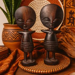 Ghana 1960s Hand-Carved Ebony Akwaba Fertility Dolls Pair, 8.5”